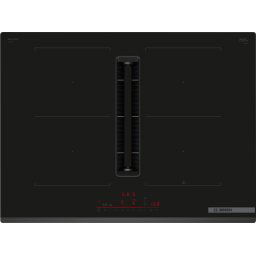 Plita incorporabila Bosch PVQ731H26E, Inductie, 4 zone de gatit, Multitouch+, CombiInduction, Hota integrata, Putere absorbtie 500mc/h, Home Connect, PerfectFry Plus , 70 cm, Negru