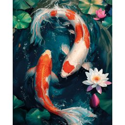 Set goblen cu diamante, cu sasiu, Pesti japonezi si lotusi, 40x50 cm