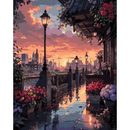 Set pictura pe numere, cu sasiu, Oras la apus, 40x50 cm