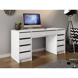 BIA8 - Birou 154 cm, masa de calculator cu 9 sertare, office - Alb / Negru / Crem / Alb Lucios / Gri / Culoarea Stejar