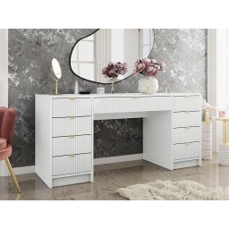 BIA7 - Birou 154 cm, masa de calculator cu 9 sertare, office - Alb / Negru / Crem cu Riflaje