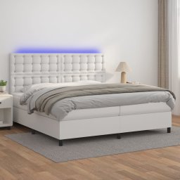 Pat cu arcuri, saltea si LED, alb, 200x200 cm, piele ecologica GartenMobel Dekor