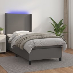 Pat cu arcuri, saltea si LED, gri, 90x190 cm, piele ecologica GartenMobel Dekor