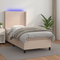 Pat cu arcuri, cu saltea si LED, cappuccino 90x200 cm piele eco GartenMobel Dekor