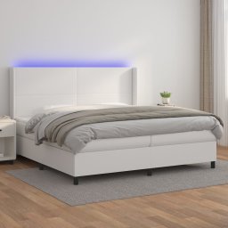 Pat cu arcuri, cu saltea si LED, alb, 200x200 cm, piele eco GartenMobel Dekor