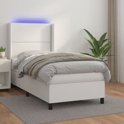 Pat cu arcuri, cu saltea si LED, alb, 100x200 cm, piele eco GartenMobel Dekor