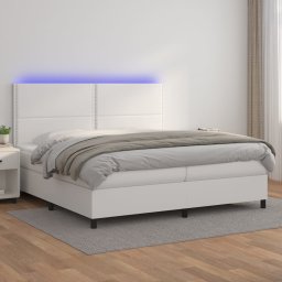 Pat cu arcuri, saltea si LED, alb, 200x200 cm, piele ecologica GartenMobel Dekor