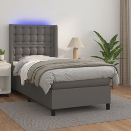 Pat cu arcuri, saltea si LED, gri, 100x200 cm, piele ecologica GartenMobel Dekor