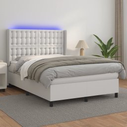 Pat cu arcuri, cu saltea & LED, alb, 140x190 cm, piele eco GartenMobel Dekor