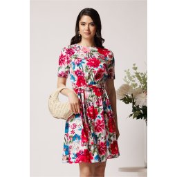 Rochie DY Fashion din viscoza alba cu imprimeu floral fucsia si cordon in talie