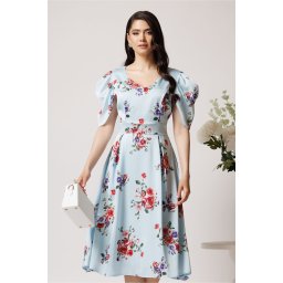 Rochie vaporoasa din satin bleu cu trandafiri roz