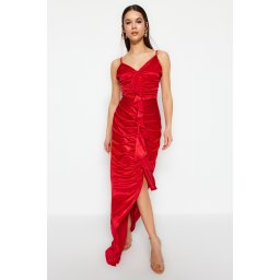 Trendyol Red Tricotat Satin Flounce Rochie lunga de seara