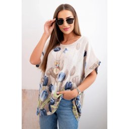 Kesi Włoski Women's cotton shirt with a floral pattern beige