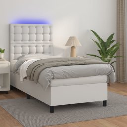 Pat cu arcuri, saltea si LED, alb, 90x190 cm, piele ecologica GartenMobel Dekor