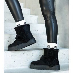 Gemre Botine ecologice negre din velur cu platformă, decorate cu blană Peters.