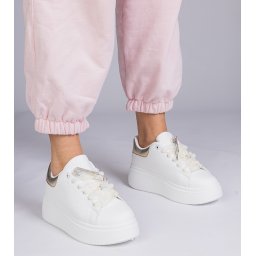 Gemre Adidași albi cu inserție aurie și toc cu zirconii Floura