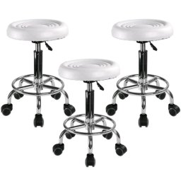 Set 3 bucati - Scaun hidraulic cu roti, Alb, Taburet rotativ, Pentru salon, Cosmetica, Manichiura, Pedichiura, Frizerie, Coafor, Piele ecologica, Cu suport pentru picioare