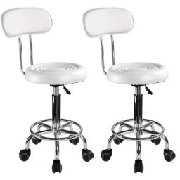 Set 2 bucati - Scaun hidraulic cu spatar si roti, Alb, Taburet rotativ, Pentru salon, Cosmetica, Manichiura, Pedichiura, Frizerie, Coafor, Cu suport pentru picioare