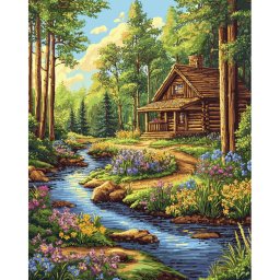 Set goblen cu diamante, cu sasiu, Rau in padure, 40x50 cm