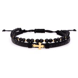 Brățara 2 in 1 cu piele embosata text, cruciulita Aur si Onix + bilute