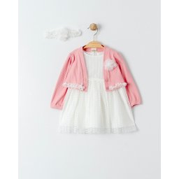 Rochita alba din tull pentru fetite cu bolero roz si bentita