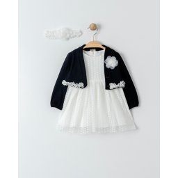 Rochita alba din tull pentru fetite cu bolero negru si bentita
