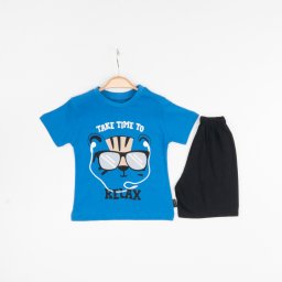 Set de Vara 2 Piese pentru Baieti Relax - Tricou Albastru cu Imprimeu si Pantalon Scurt Negru