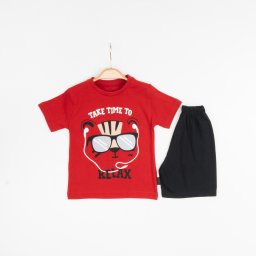 Set de Vara 2 Piese pentru Baieti Relax- Tricou Rosu cu Imprimeu si Pantalon Scurt Negru