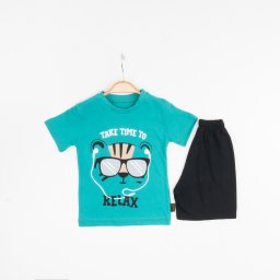 Set de Vara 2 Piese pentru Baieti Relax - Tricou Verde cu Imprimeu si Pantalon Scurt Negru