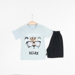 Set de Vara 2 Piese pentru Baieti Relax - Tricou Bleu cu Imprimeu si Pantalon Scurt Negru