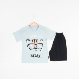Set de Vara 2 Piese pentru Baieti Relax - Tricou Bleu cu Imprimeu si Pantalon Scurt Negru