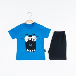 Set 2 Piese de Vara pentru Baietei Lion Mouth- Tricou Albastru si Pantalon Scurt Negru