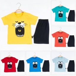 Set 2 Piese de Vara pentru Baietei Lion Mouth- Tricou Albastru si Pantalon Scurt Negru
