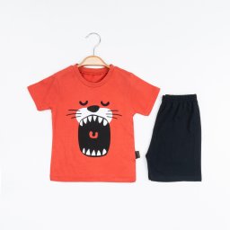 Set 2 Piese de Vara pentru Baietei Lion Mouth- Tricou Orange si Pantalon Scurt Negru