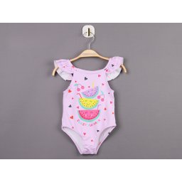 Costum de Baie Intreg pentru Fetite - Mov cu Imprimeu de Vara si Volanase