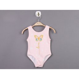 Costum de Baie Intreg pentru Fetite - Roz cu Imprimeu Fluturas