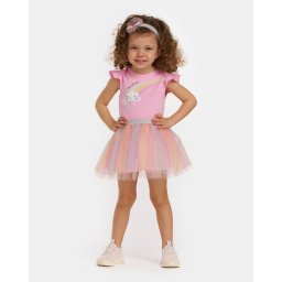 Set pentru Fetite Rainbow - Body cu Imprimare Curcubeu si Fusta Roz
