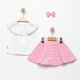 Set 2 Piese Fete Carouri Vesele - Top Alb si Fusta Pantalon Roz cu Alb