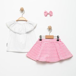 Set 2 Piese Fete Carouri Vesele - Top Alb si Fusta Pantalon Roz cu Alb