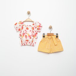 Set 2 Piese Fete Delicii de Vara - Top Alb cu Imprimeu si Pantalon Scurt Galben