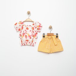 Set 2 Piese Fete Delicii de Vara - Top Alb cu Imprimeu si Pantalon Scurt Galben