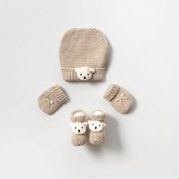 Set Elegant de Accesorii pentru Bebelusi - Caciulita, Manusi si Botosei Tricotati din Bumbac
