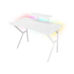 Birou gaming Genesis Holm 320 RGB, cadru din metal, MDF textura tip carbon, iluminare RGB, management cabluri, alb