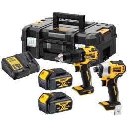Kit Dewalt DCK2062M2T-QW, cu doua masini cu motor fara perii , DCD709+DCF809, XR 18 V - 2 X 4Ah, cutie de transport, Negru-Galben