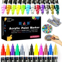 Set 24 markere multicolore, cu vopsea acrilica, varf 0.7mm, pentru hartie, piatra, sticla, ceramica, lemn, textile, panza