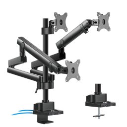 Suport de birou pentru 3 monitoare, aluminiu + otel, brate reglabile, arcuri pe gaz, 17 - 27 inch, 2x USB 3.0, Negru