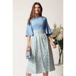 Rochie DY Fashion midi bleu in clos cu fusta din voal cu imprimeu