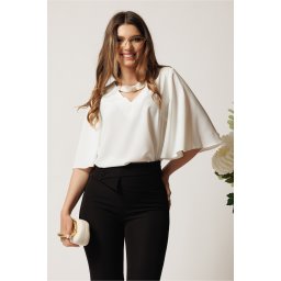 Bluza DY Fashion alba din voal vaporoasa cu aplicatie la decolteu