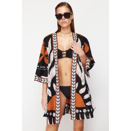 Trendyol Ethnic Patterned Belted Mini Woven 100% Cotton Beach Kimono&Caftan