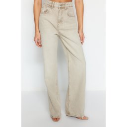 Trendyol Beige Pale Effect Vintage Normal Waist Wide Leg Jeans